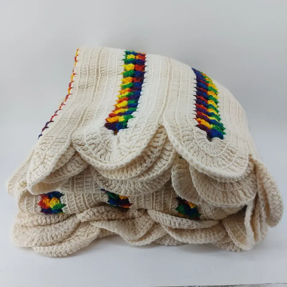 Afghan Blanket Crochet Scalloped Beige Striped Rainbow 83